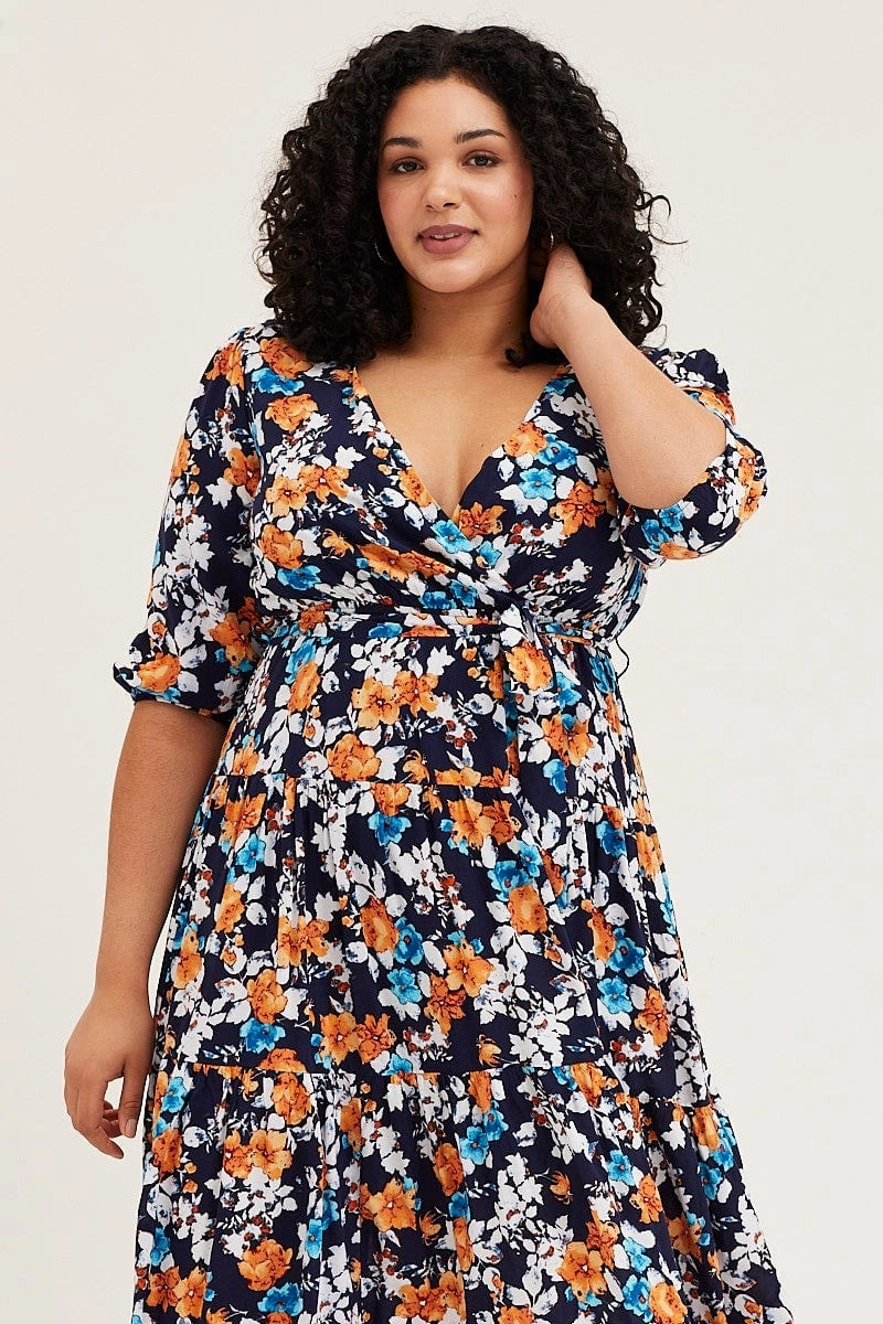 Guest Glam Balanced feel Floral Print Skater Dress V-neck Three-Quarter Sleeve