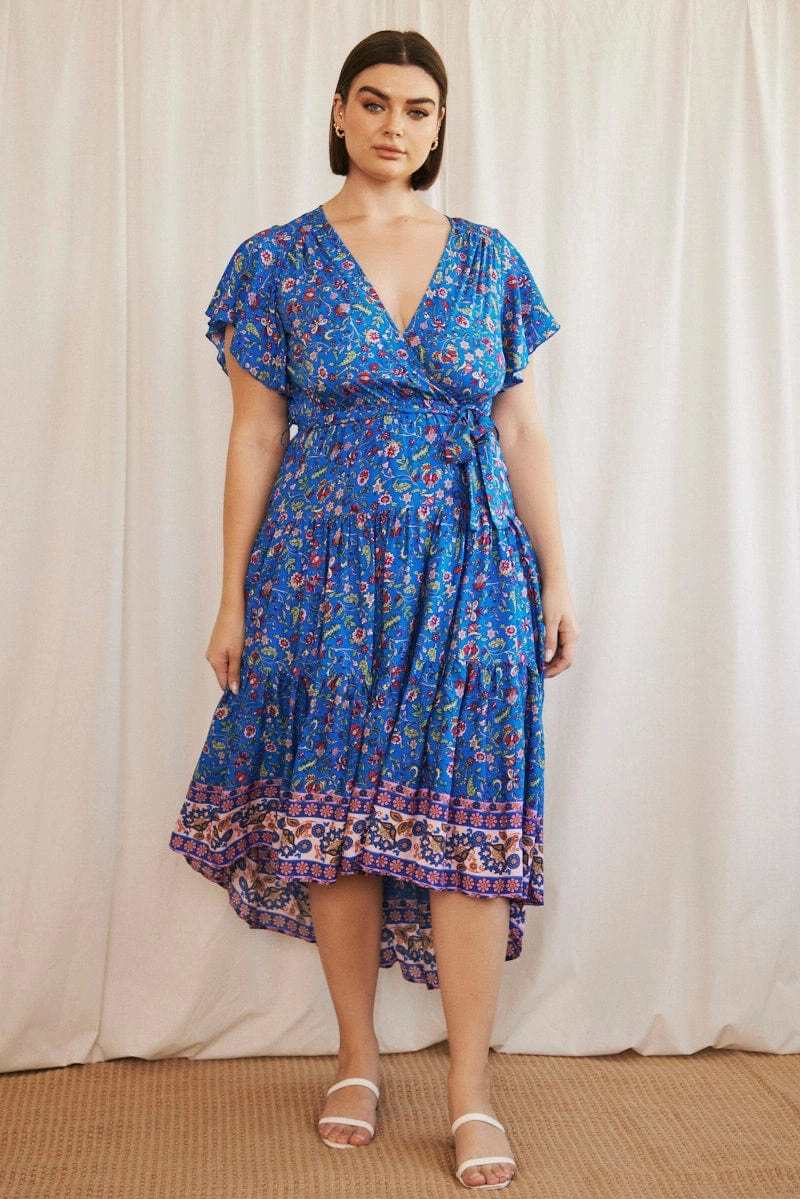 Blue Boho Midi Dress Short Sleeve Wrap Front Office Shape Pleat-Front