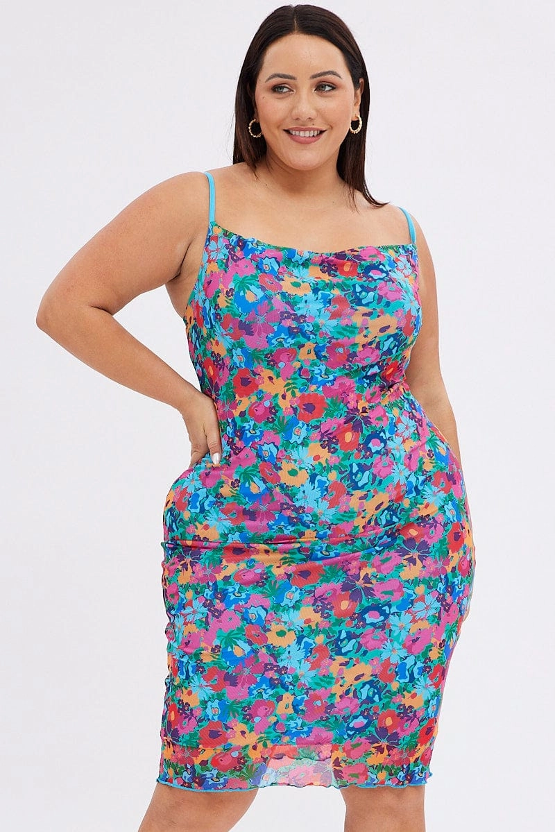 Multi Abstract Bodycon Dress Tie Back Strappy Swirl Mesh Polite Vibe Silk Air