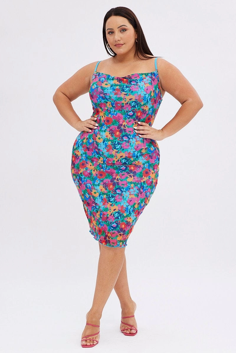 Multi Abstract Bodycon Dress Tie Back Strappy Swirl Mesh Elegant Piece