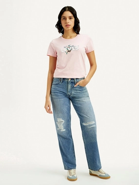 Women's 94 Med Indigo Baggy Fit Mid Rise Jeans Minimalist Pocket Layout