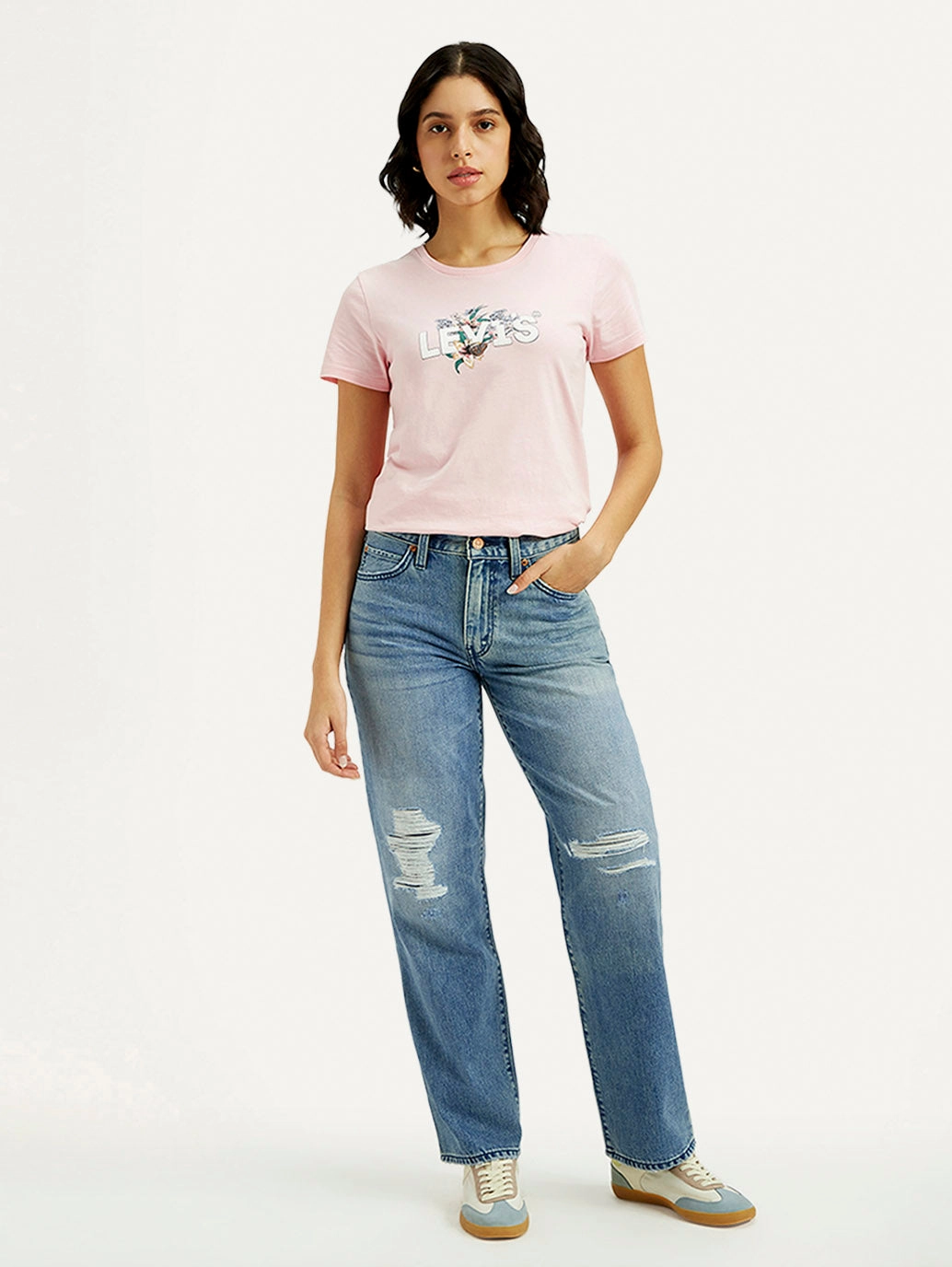 Women's 94 Med Indigo Baggy Fit Mid Rise Jeans Minimalist Pocket Layout