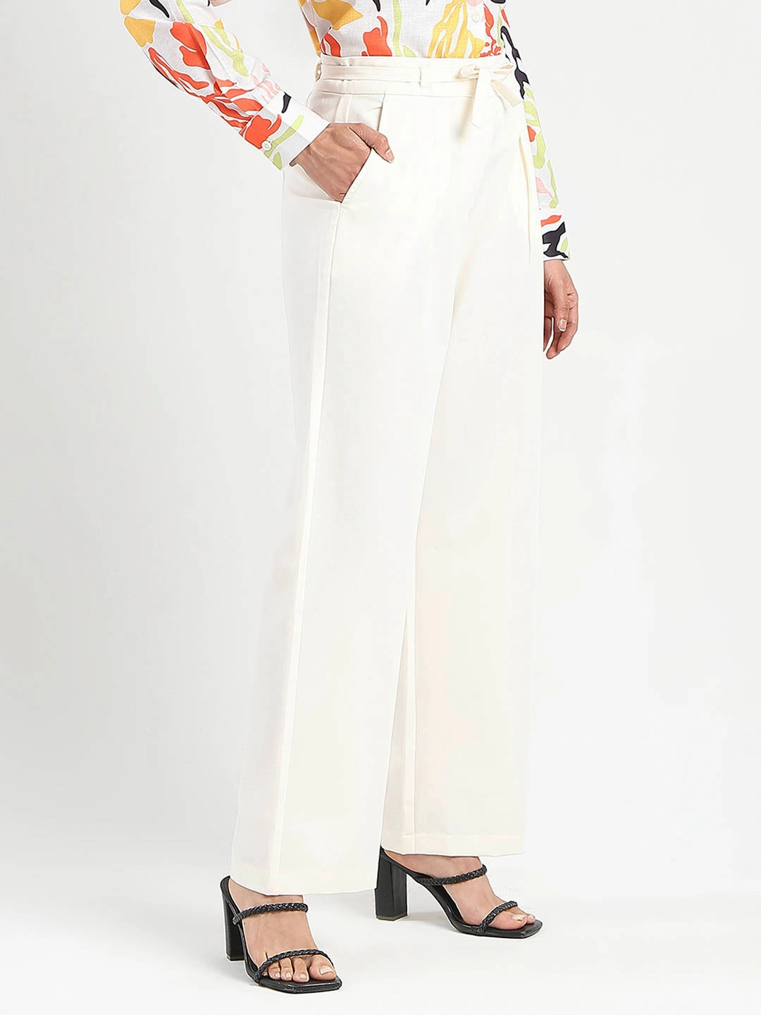 Madame Drawstring Waist Straight Fit Ivory Trousers Abrasion Proof Reinforcements No Iron