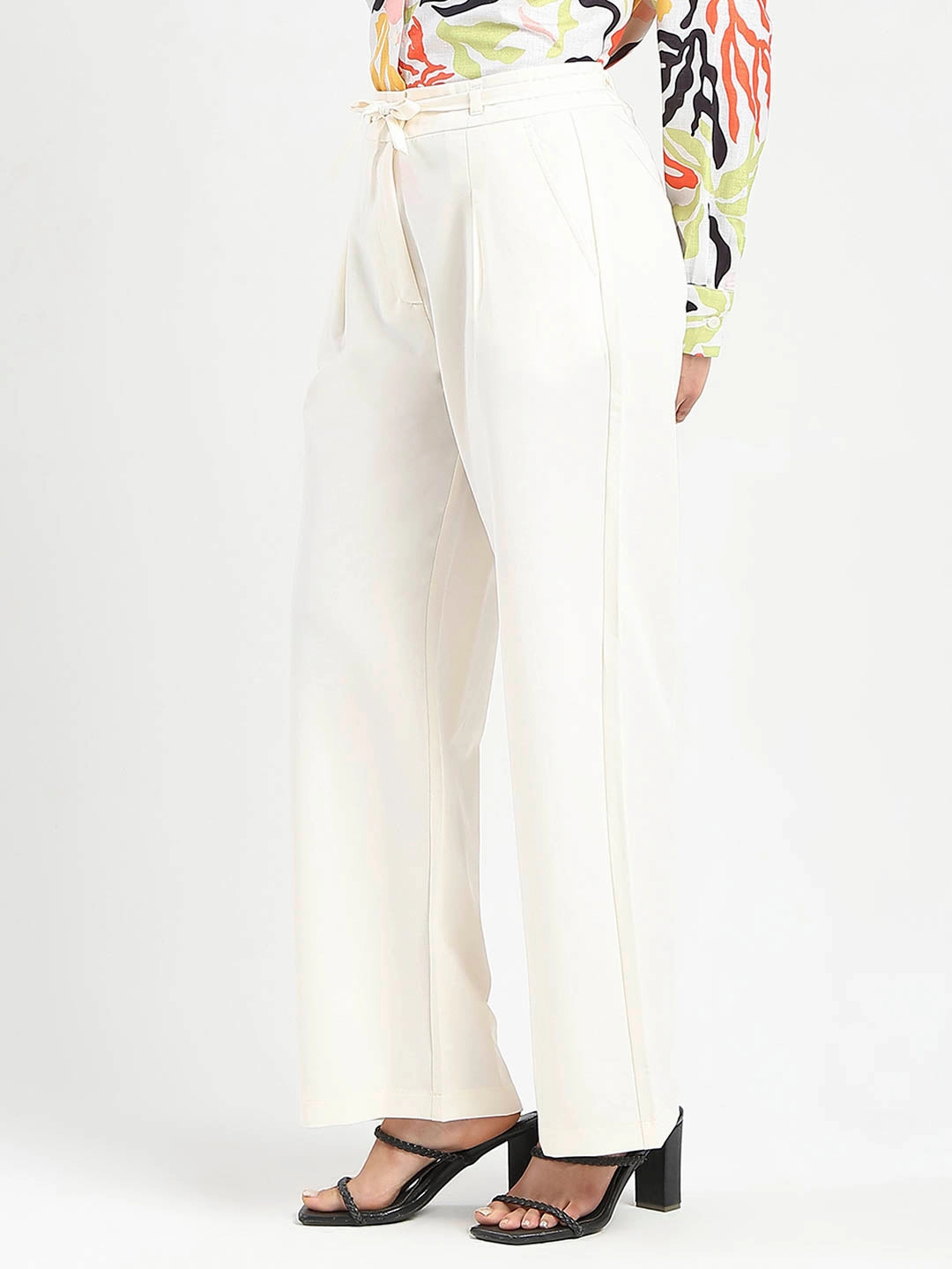 Fit Flex Stay Comfortable Madame Drawstring Waist Straight Fit Ivory Trousers