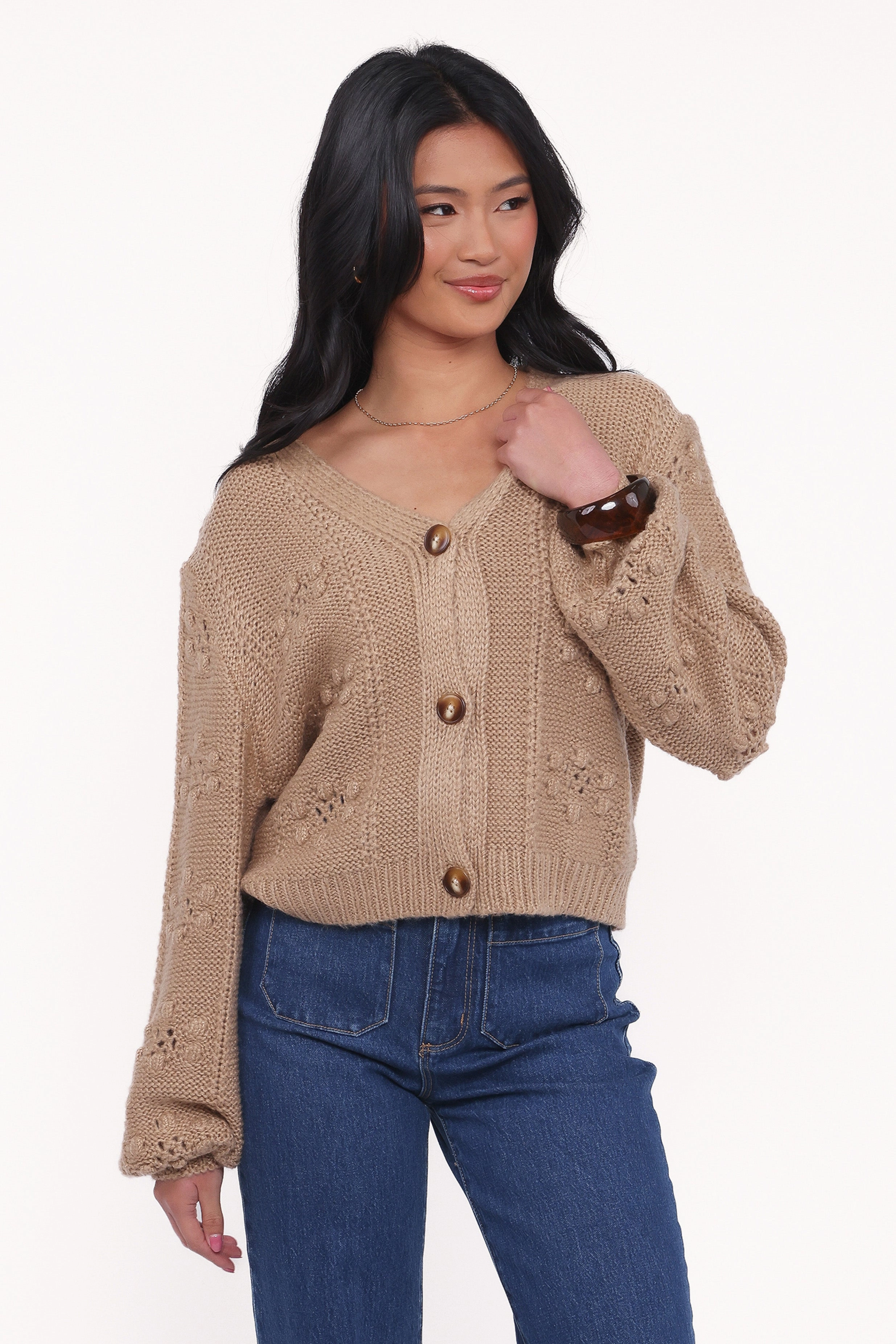 Layered Ventilation Design Melody Textured Button Up Cardigan - Mushroom