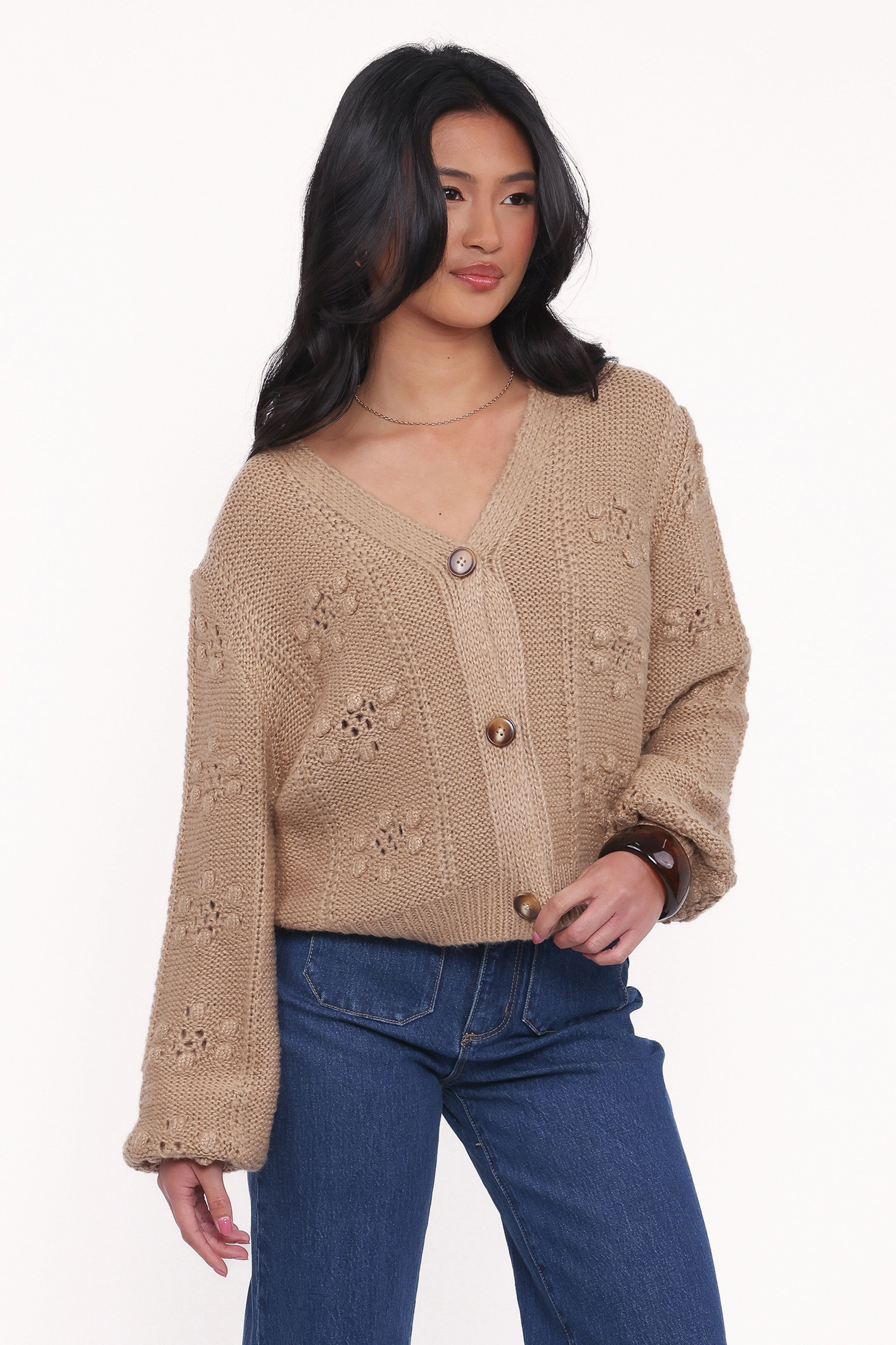 simple design Melody Textured Button Up Cardigan - Mushroom