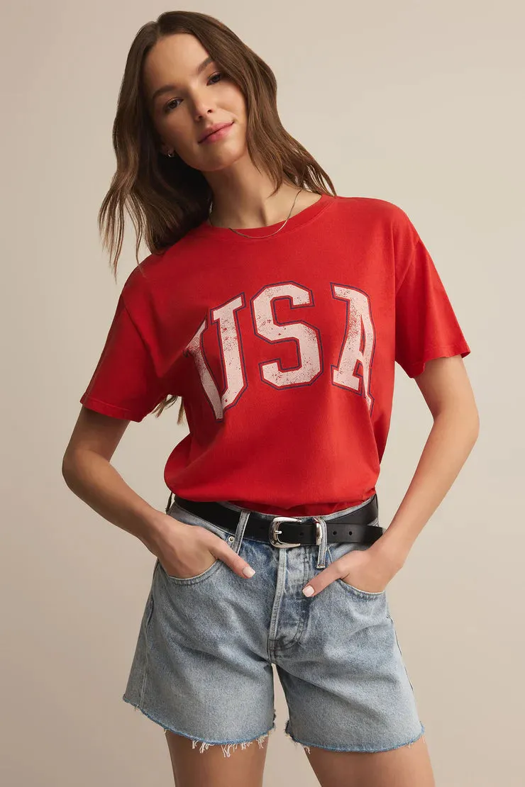 Multi Panel Design Chilly Style USA Boyfriend Tee | Cabana Red Simple Chic