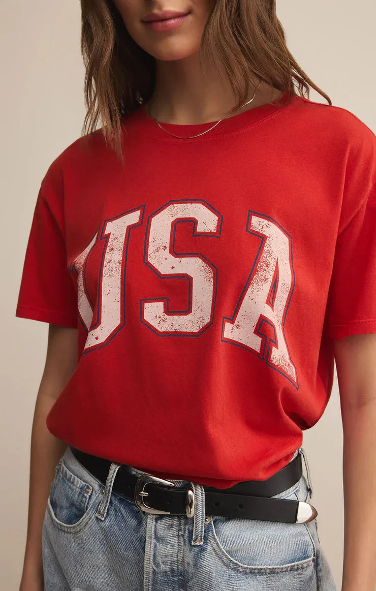 Temperature Regulating Fabric USA Boyfriend Tee | Cabana Red Simple Chic