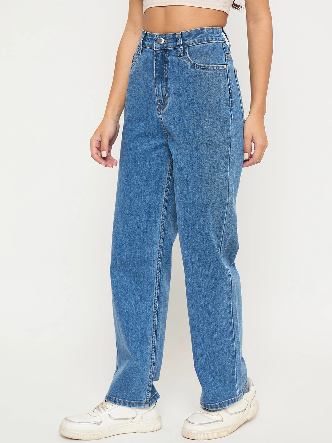 Madame Acid Wash Mid Blue Cotton Blend Straight Jeans Trendy Wear