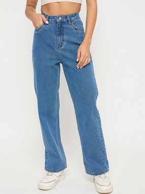 Madame Acid Wash Mid Blue Cotton Blend Straight Jeans Fast Match