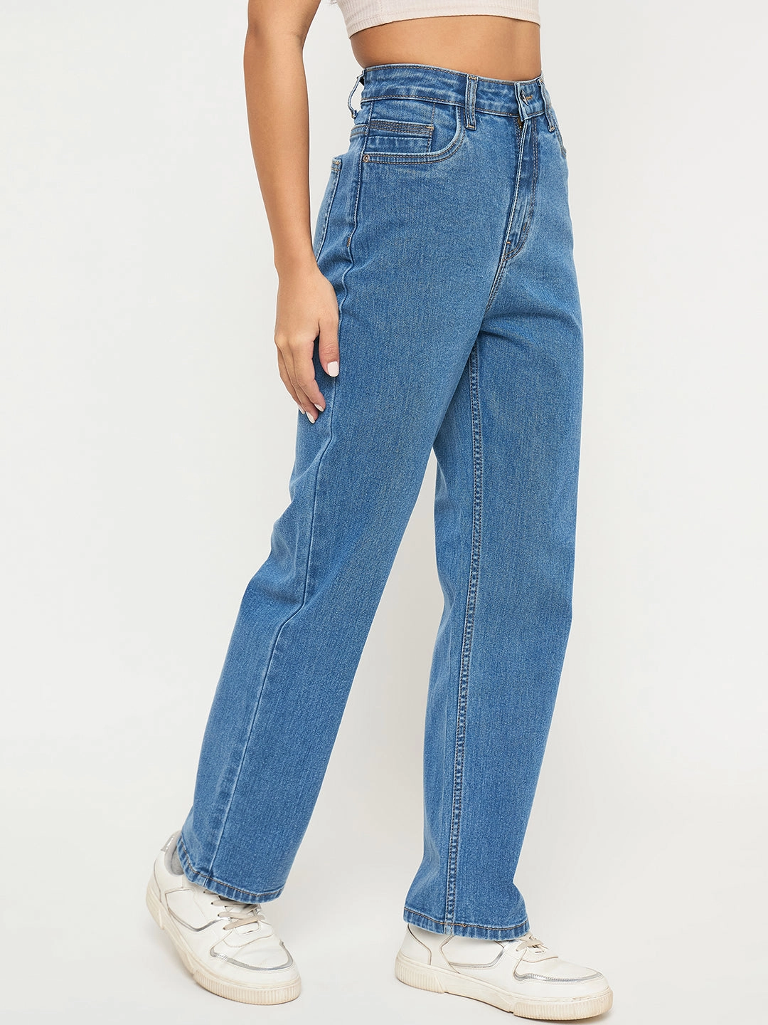 Madame Acid Wash Mid Blue Cotton Blend Straight Jeans Chic Design Look Everyday Vibrant