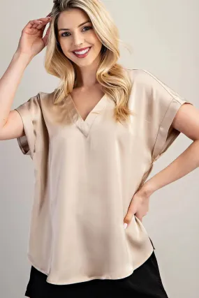 MinimalistStitching Stylish Casual V-Neck Short Sleeve Top | Taupe Classic Casual