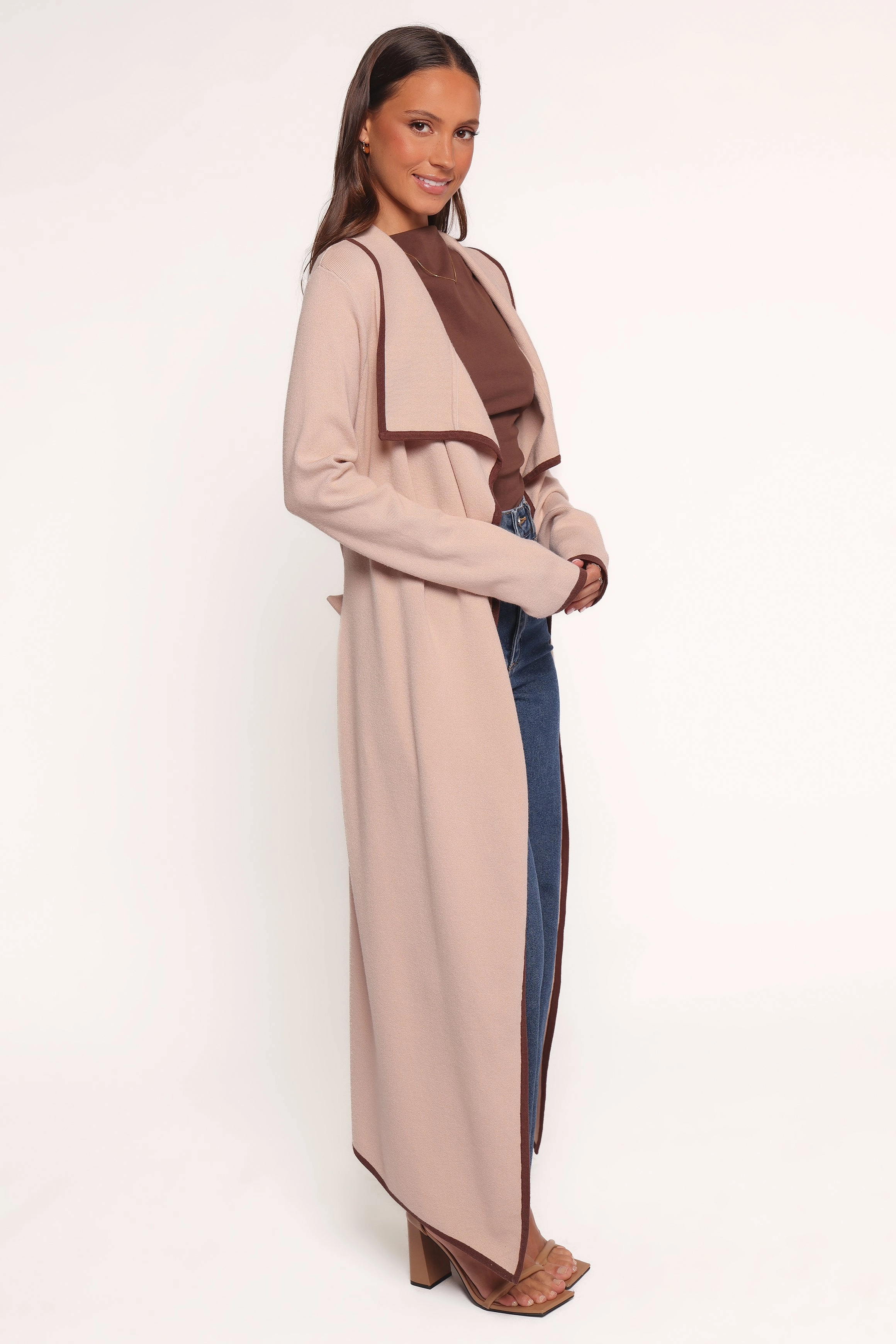 Vallis Contrast Trim Long Cardigan - Beige Lightweight Knit