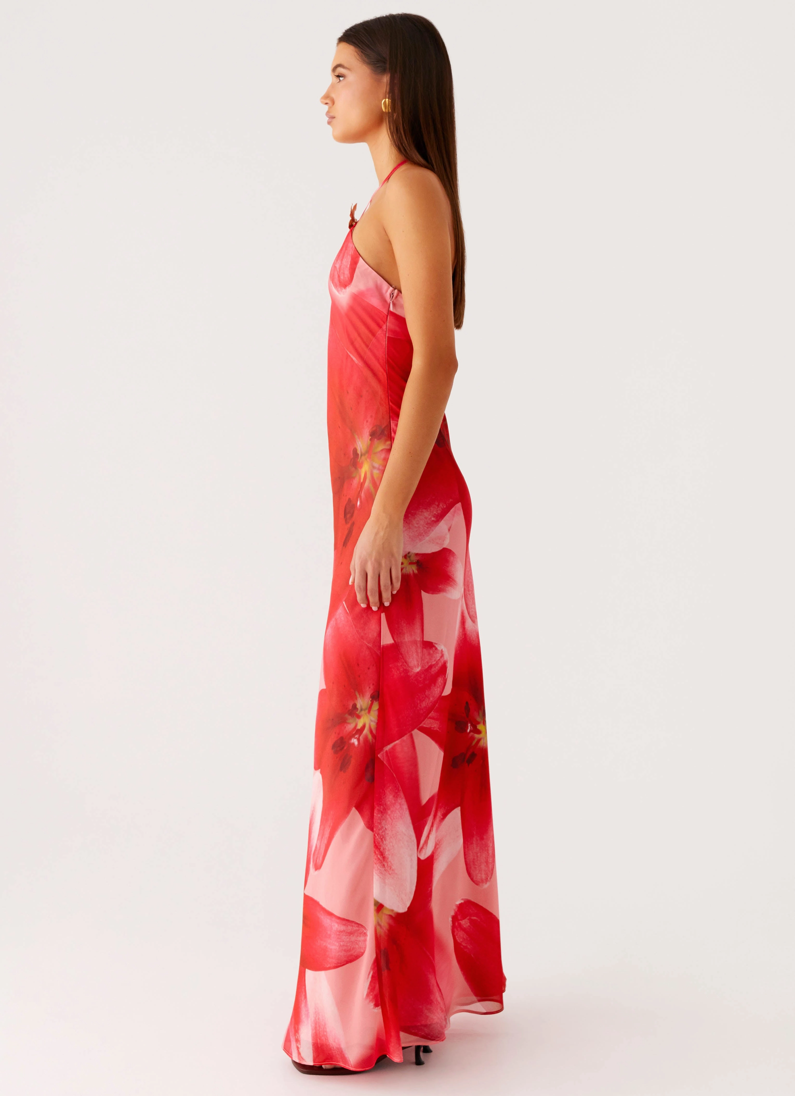 Satin Touch Celebrity-Inspired Vatiana Chiffon Maxi Dress - Peach Watermelon Flower