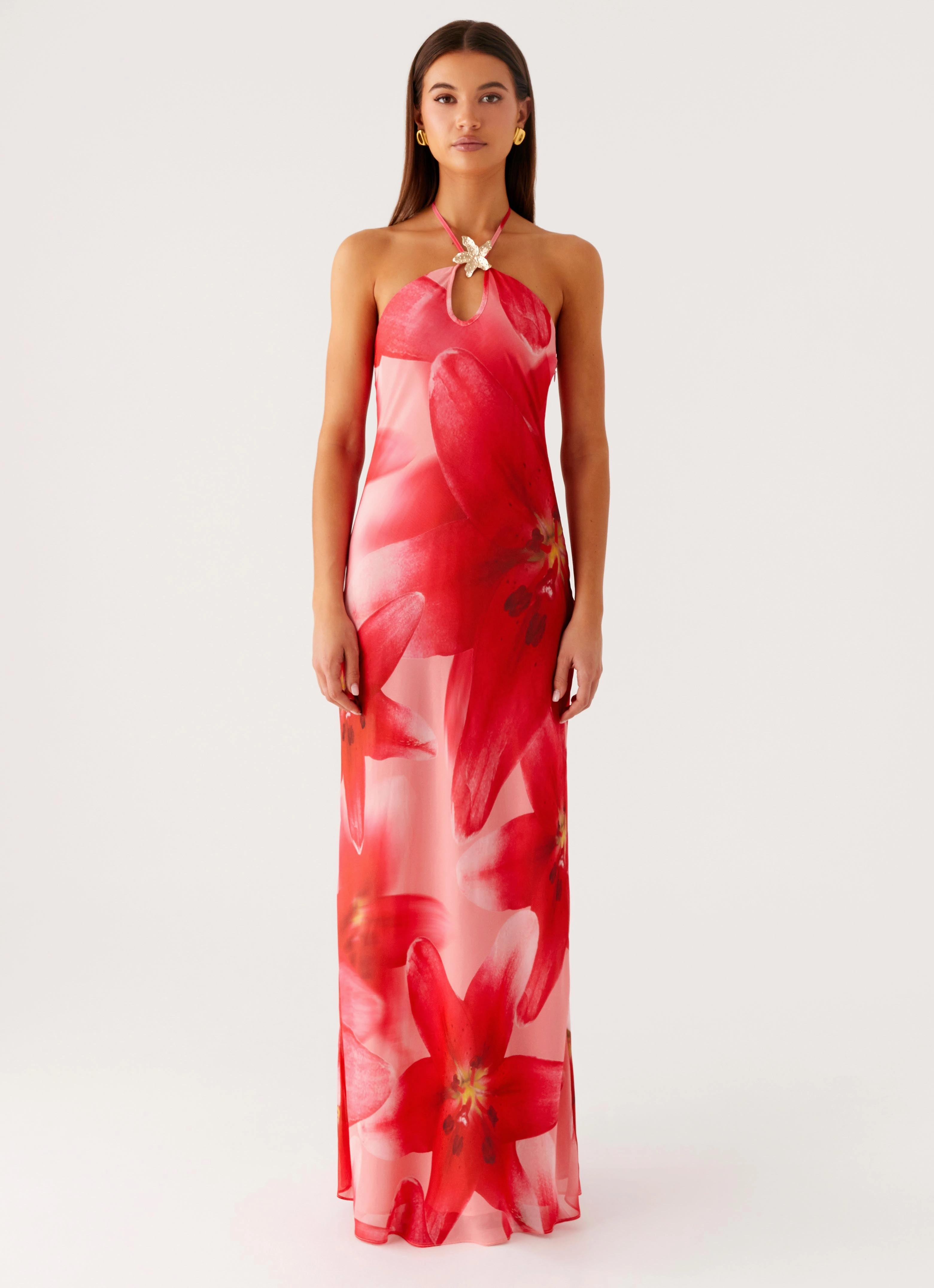 Classic Look Vatiana Chiffon Maxi Dress - Peach Watermelon Flower