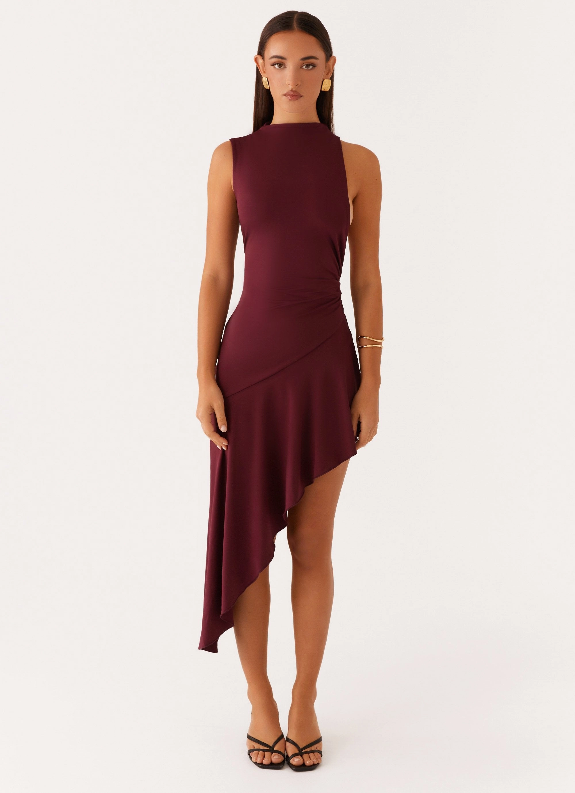 Venetia Asymmetric Maxi Dress - Deep Maroon Work Fit