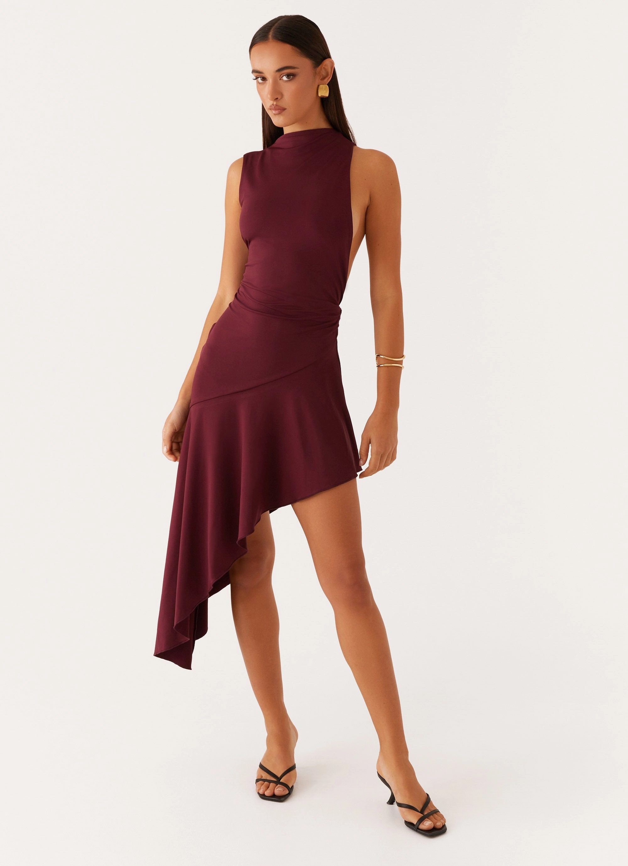 Functional-Design Linen Love Venetia Asymmetric Maxi Dress - Deep Maroon