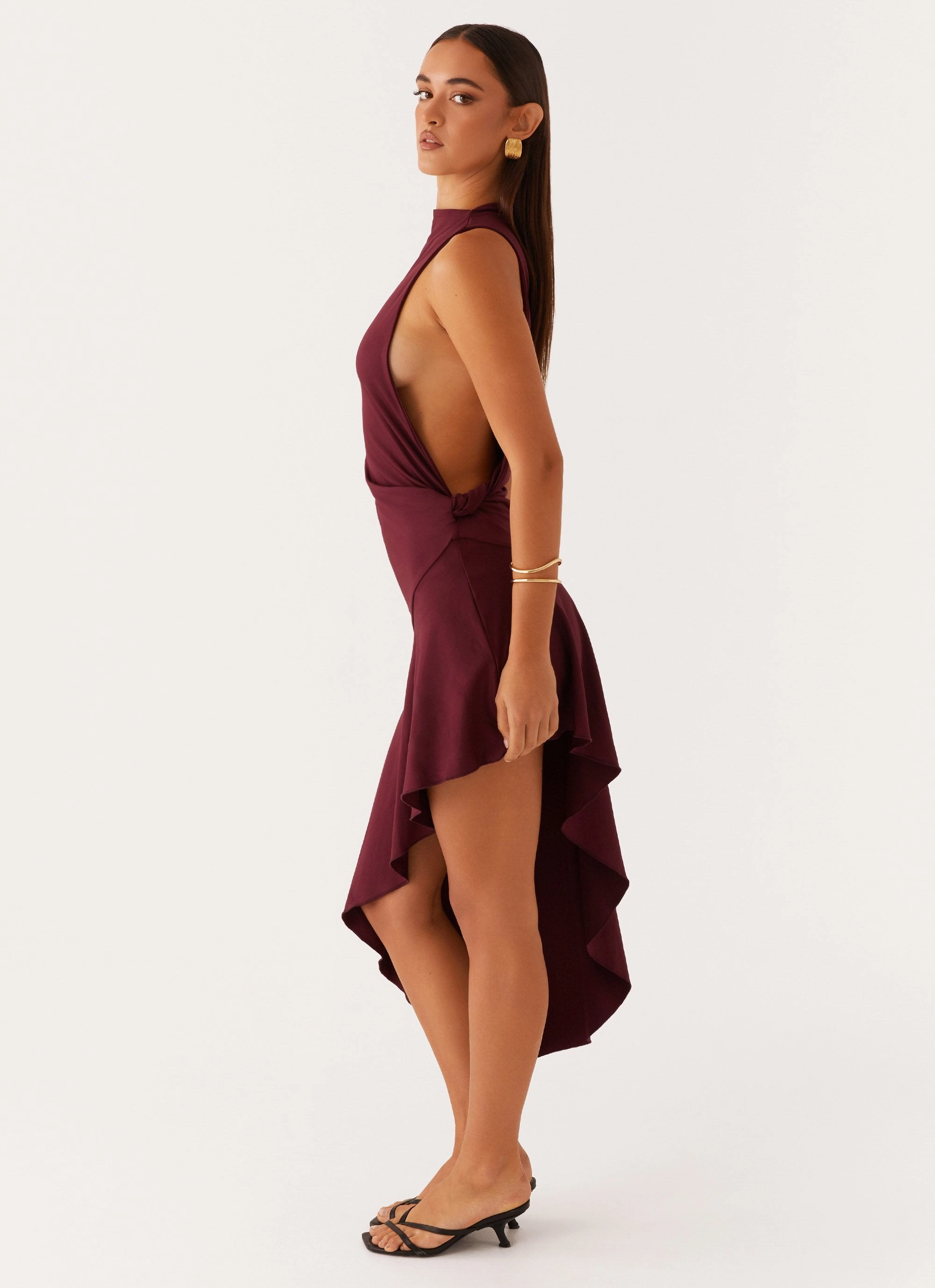 Venetia Asymmetric Maxi Dress - Deep Maroon Minimalist Layering Timeless fitted silhouette