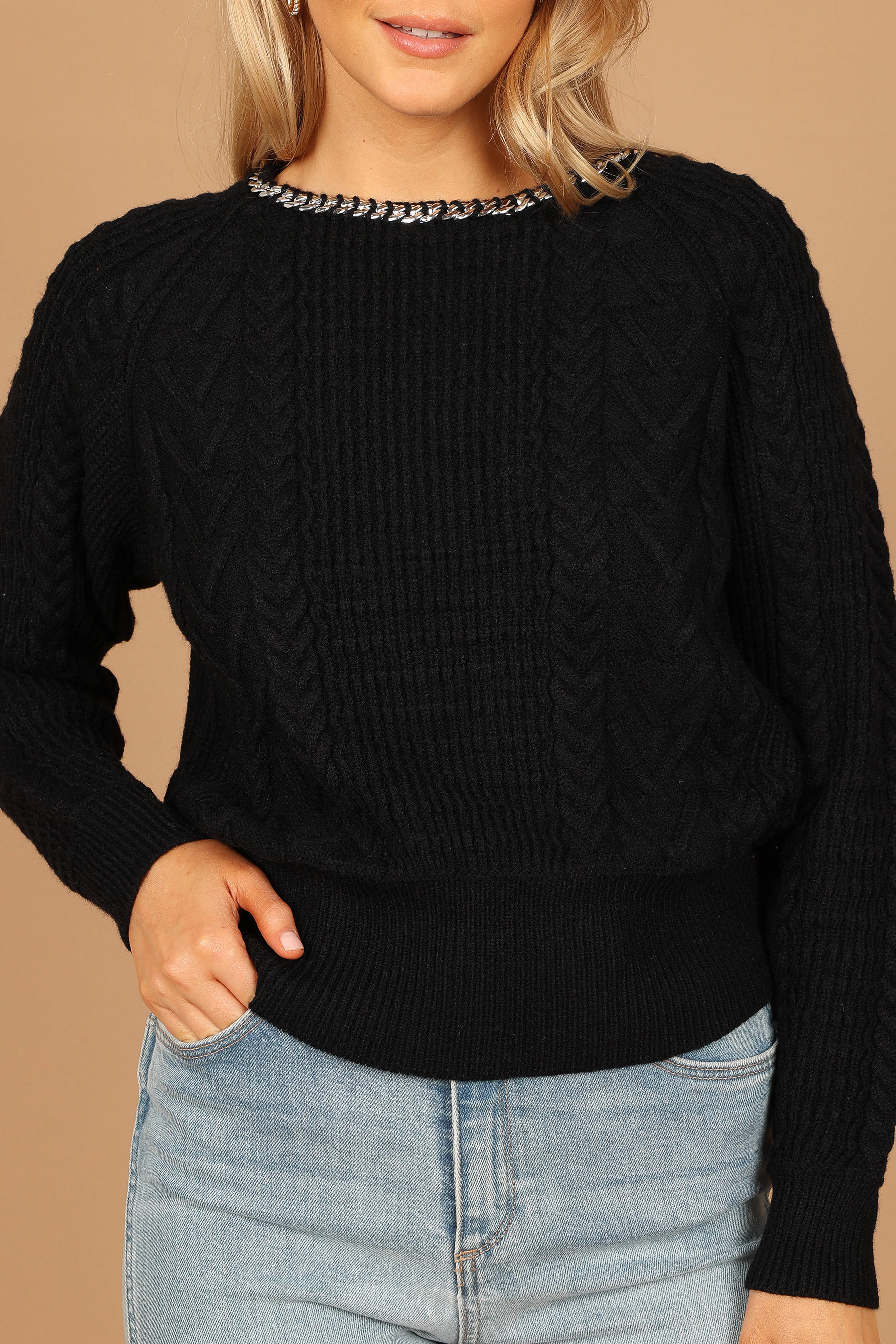 Liv Chain Detail Knit Sweater - Black Interlock Knit Structure Lightweight Weave