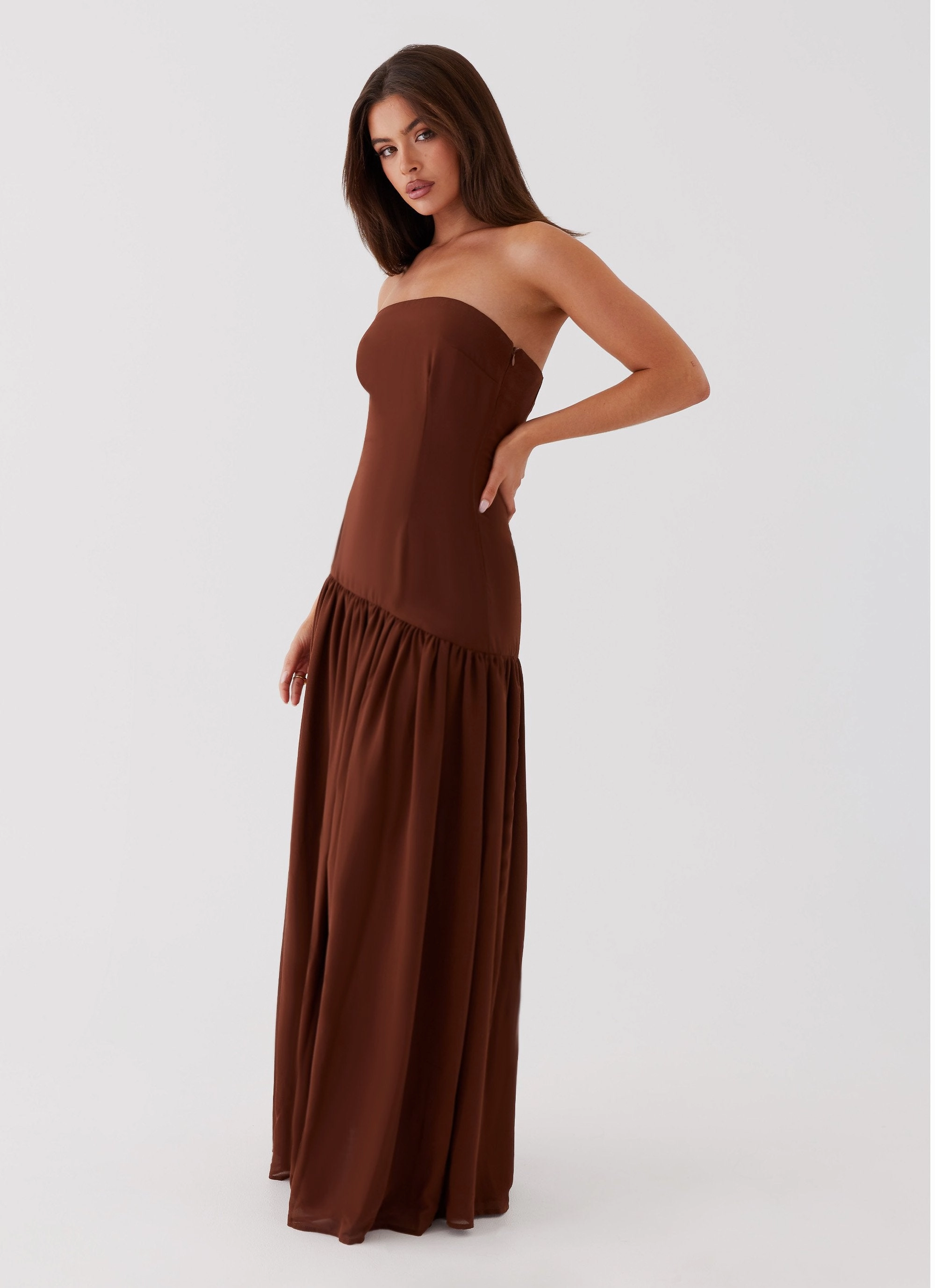 Eden Strapless Maxi Dress - Brown Chic Waist Design Soft Drape
