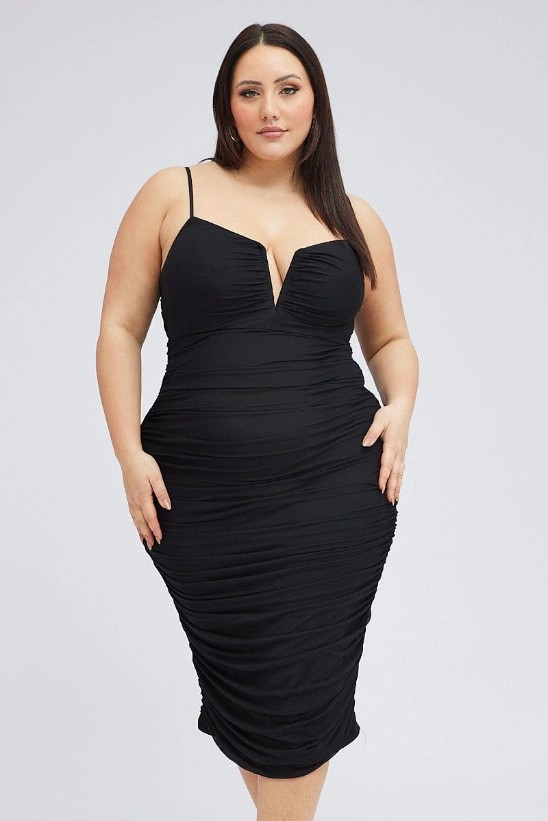 Black Mesh V Ruched Dress Quiet Luxury Invisible-Zip