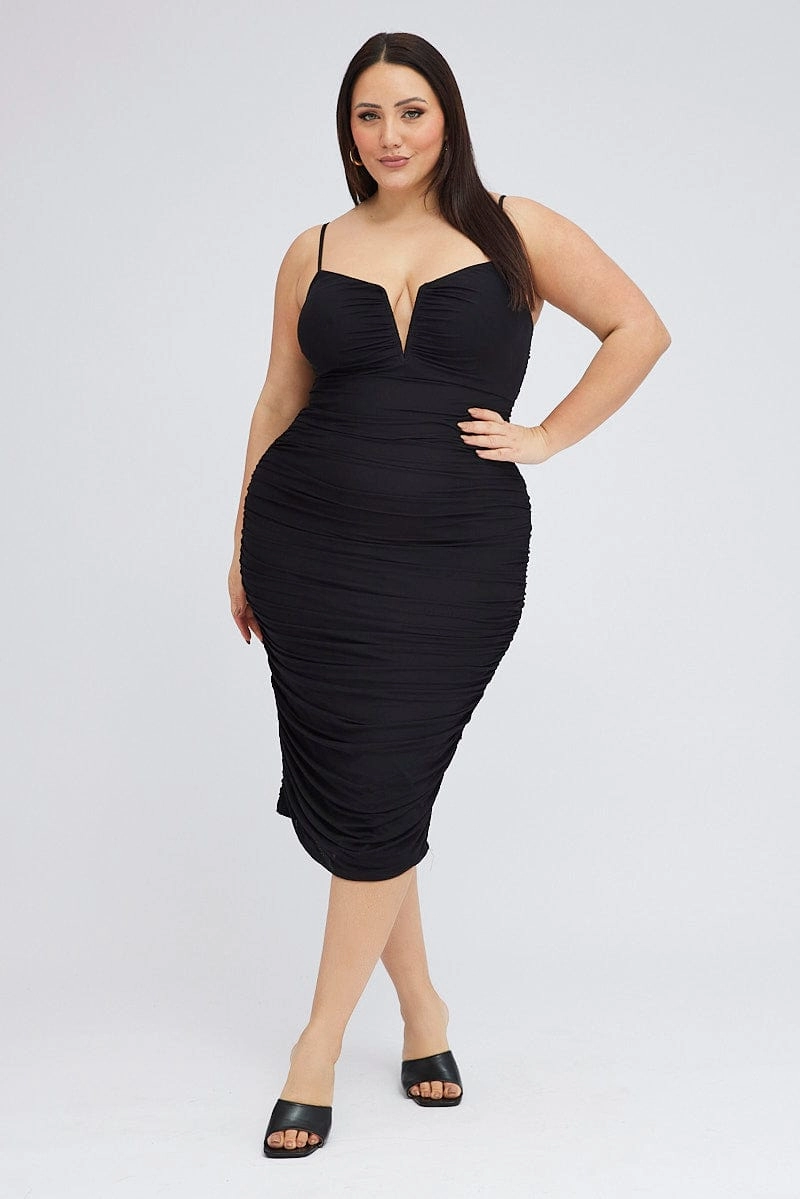 Black Mesh V Ruched Dress Classic Fit