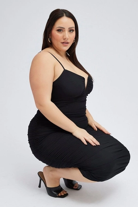 Waist Seam All Fit Black Mesh V Ruched Dress