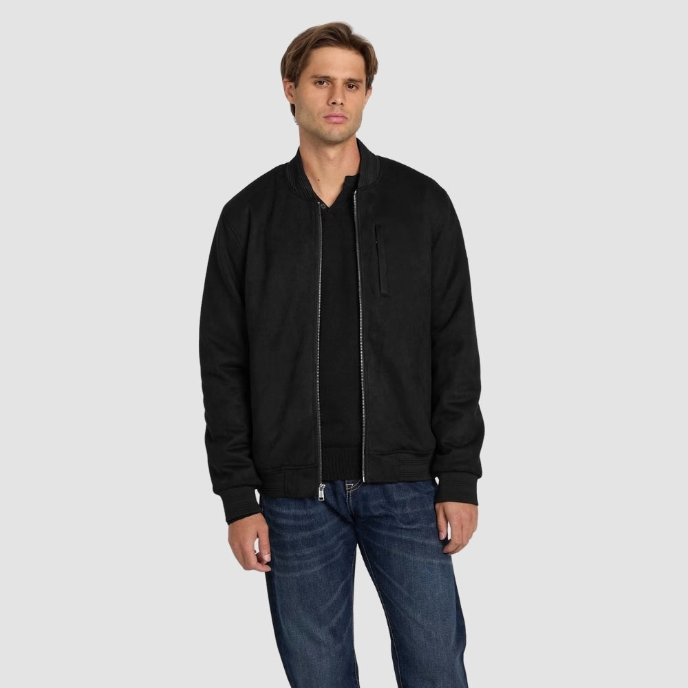 Black Grover Faux-Suede Bomber Jacket Weekend Casual ConvertibleCollar