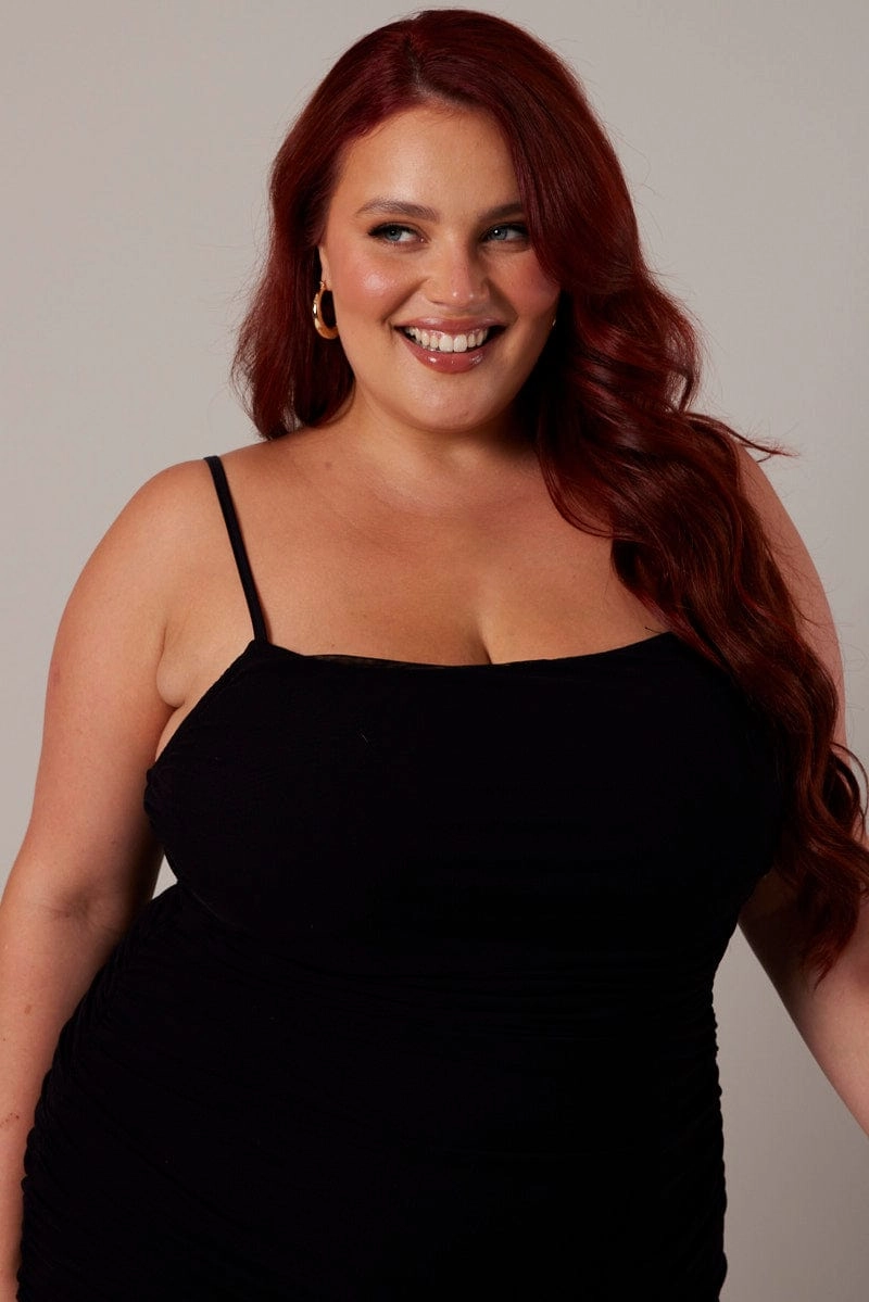 Black Ruched Mesh Dress Smart Waistband Design