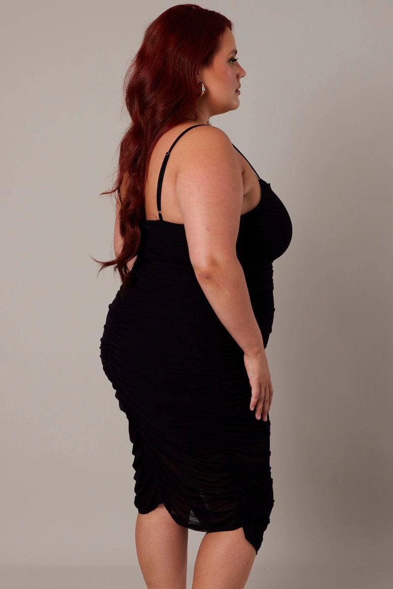 Black Ruched Mesh Dress SeamlessConstruction