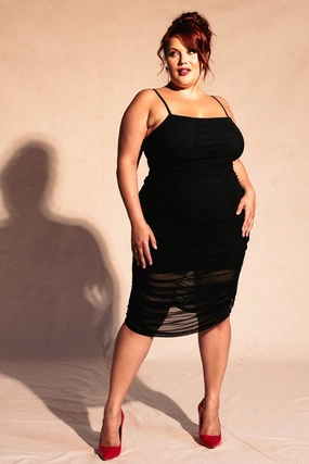 Smooth Motion Soft Volume Black Ruched Mesh Dress