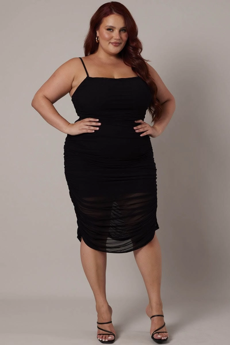 Black Ruched Mesh Dress Elegant Look Chic Statement