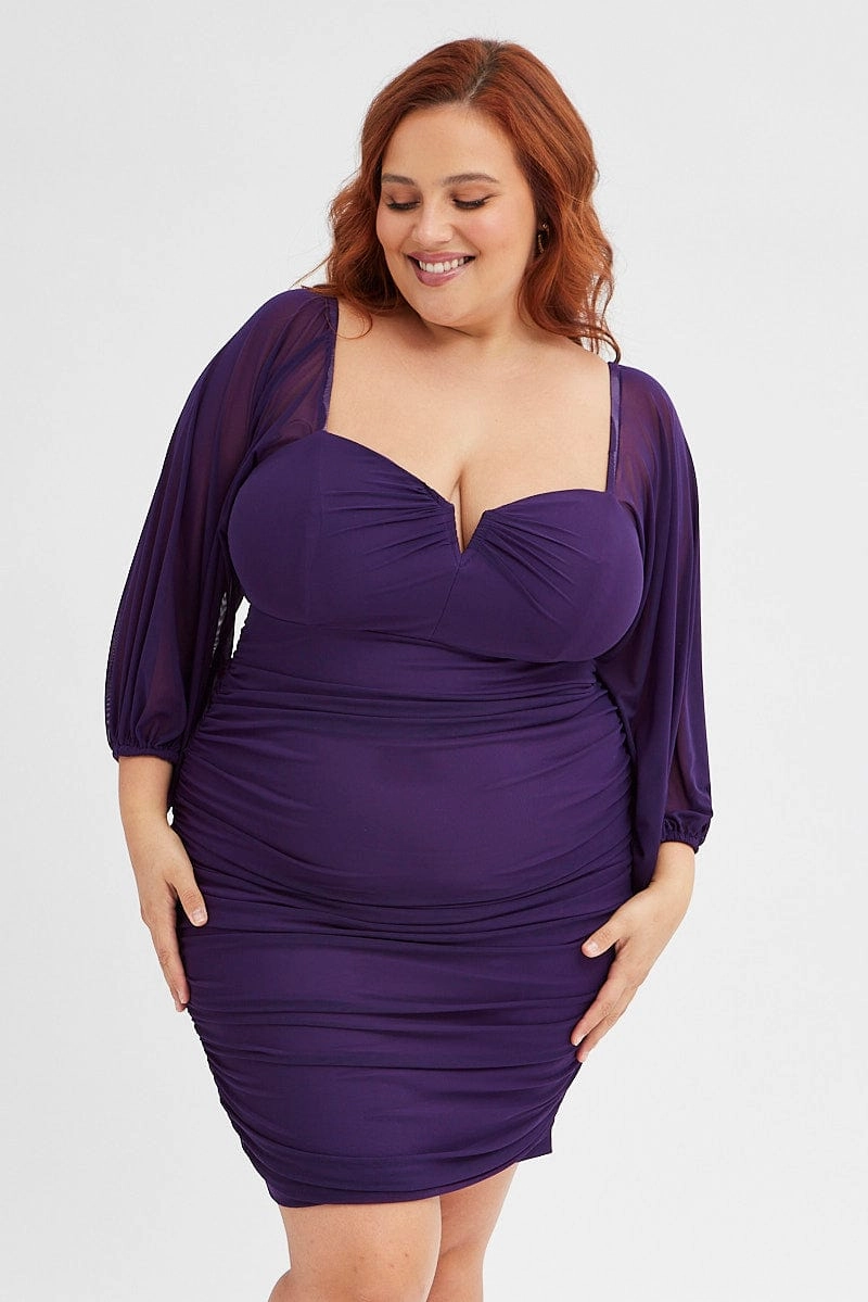 Bloom Soft Flattering Waistband Fit Purple Bodycon Dress Mesh Balloon Sleeve Ruched Mini