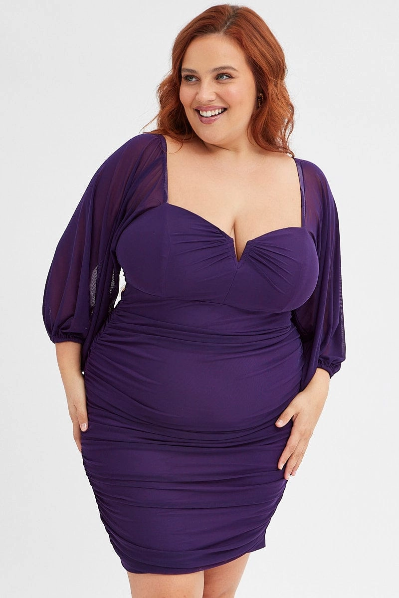 Purple Bodycon Dress Mesh Balloon Sleeve Ruched Mini Flower Grace