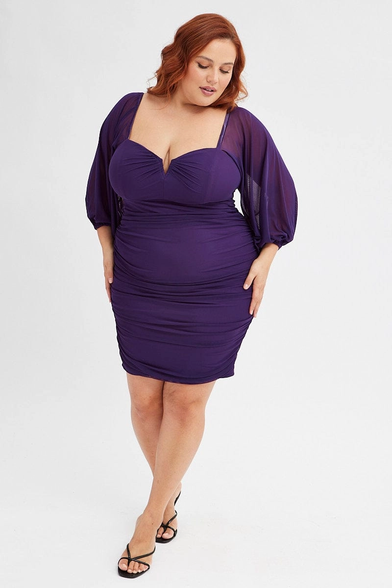 Purple Bodycon Dress Mesh Balloon Sleeve Ruched Mini Fashionable Fit
