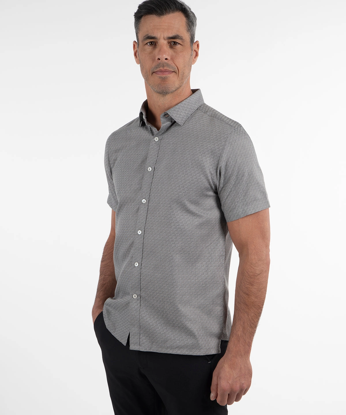 Signature Lexington Basketweave Print Wrinkle Resistant Short Sleeve Sport Shirt Breathable Comfort Denim Blend