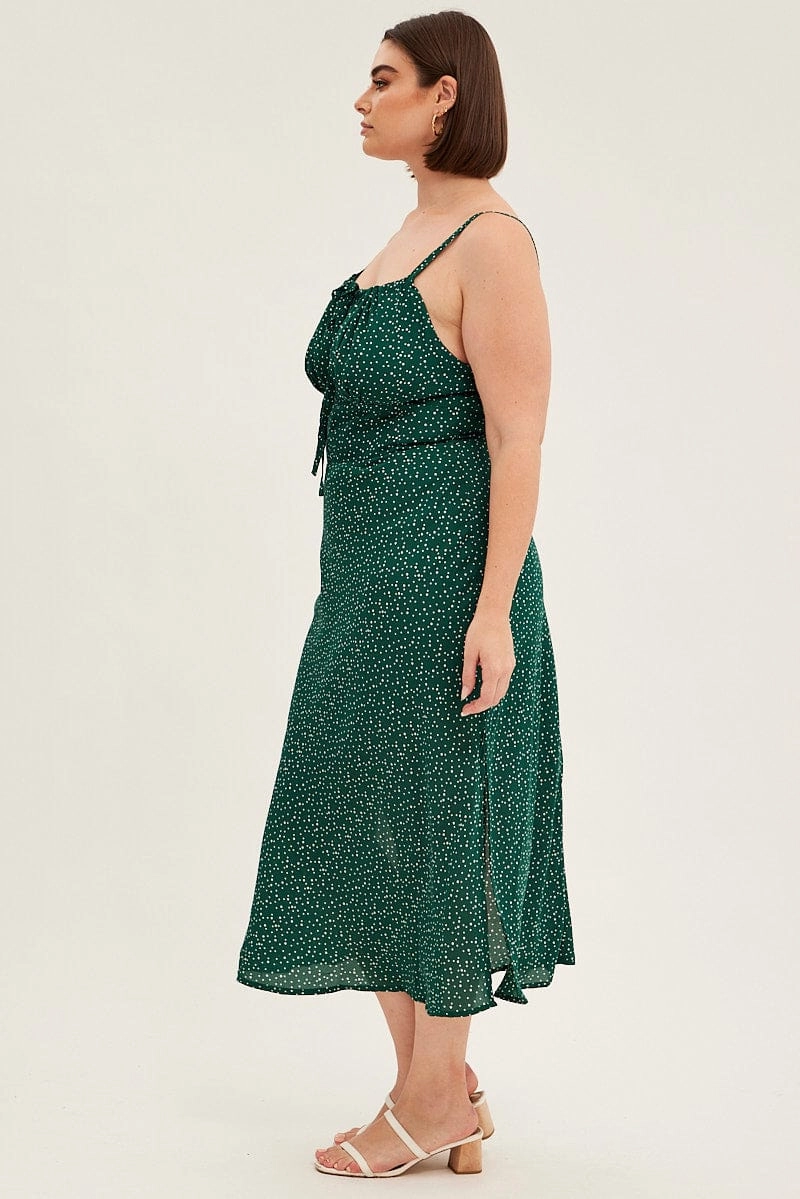 Green Polka Dot Midi Dress Sleeveless Ruched Bust Gentle Flow