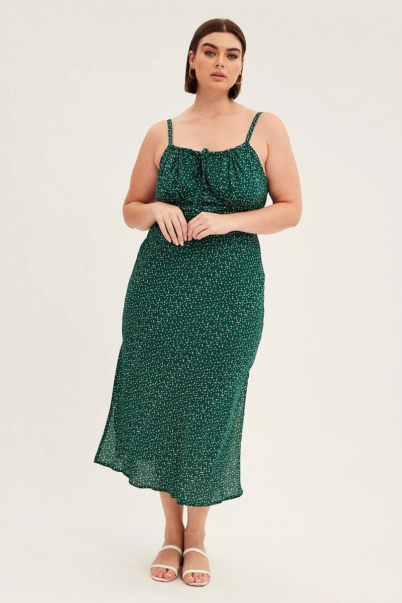 Green Polka Dot Midi Dress Sleeveless Ruched Bust Smart Piece
