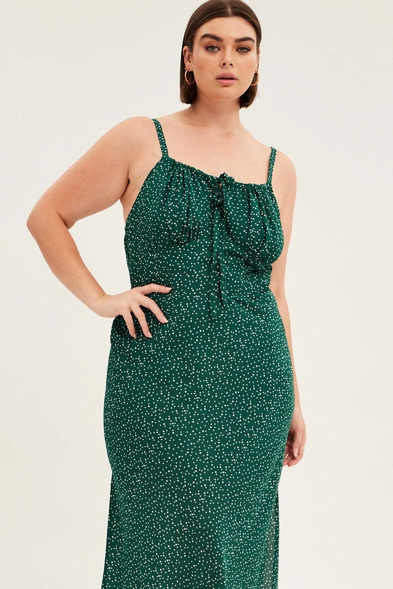 FoldablePackaging Perfect Layering Green Polka Dot Midi Dress Sleeveless Ruched Bust
