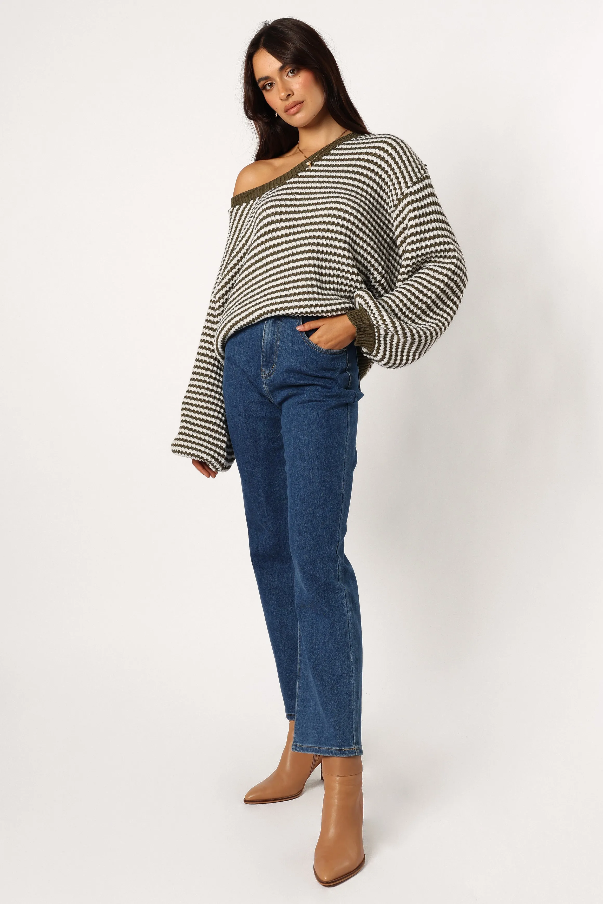Stretch Flexibility Stretch Knit Backing Becca Crewneck Waffle Stitch Stripe Knit Sweater - Olive