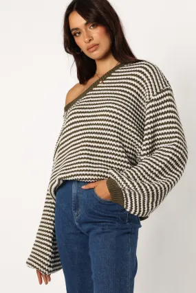 Becca Crewneck Waffle Stitch Stripe Knit Sweater - Olive Fresh Outfit