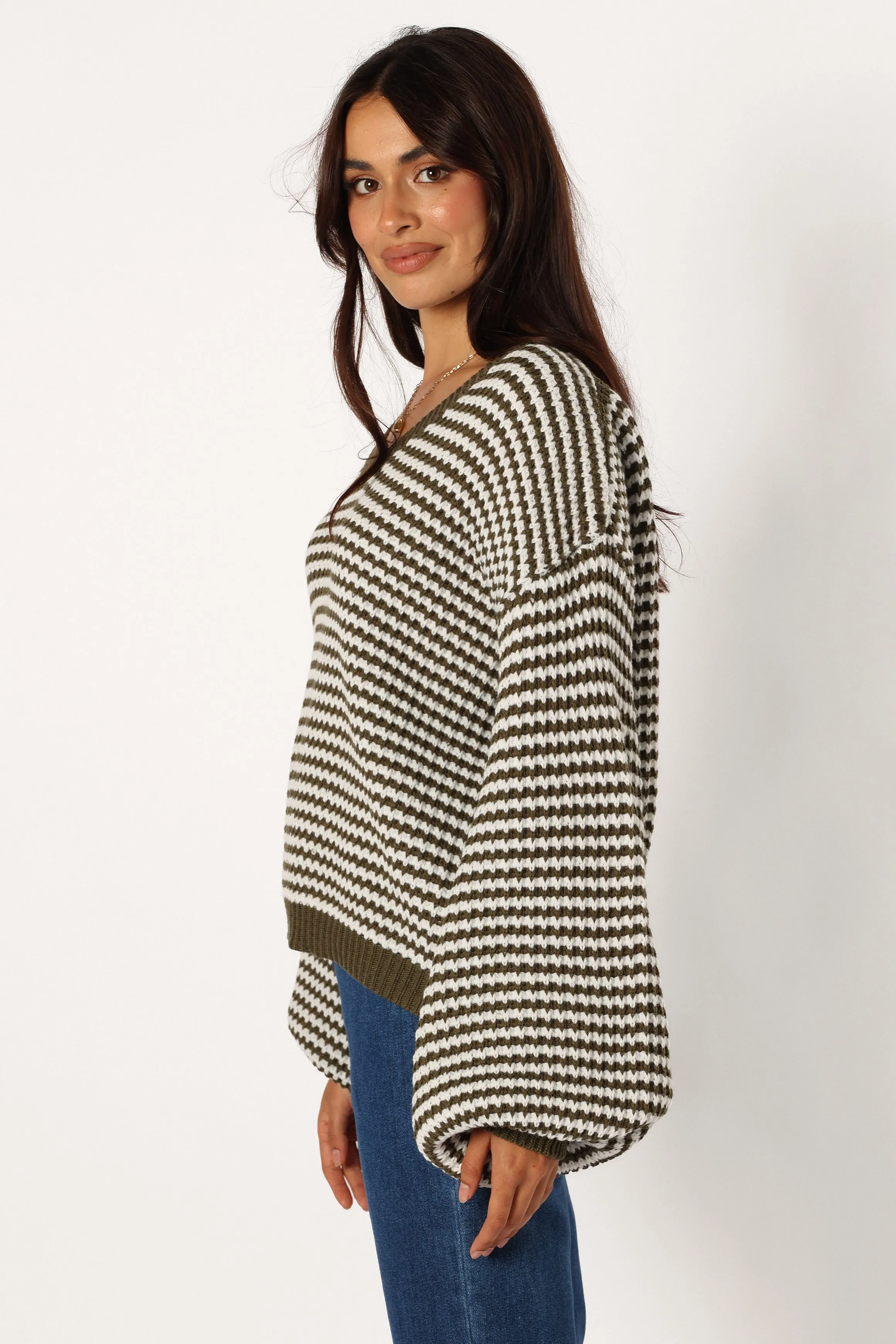 Becca Crewneck Waffle Stitch Stripe Knit Sweater - Olive Travel Light