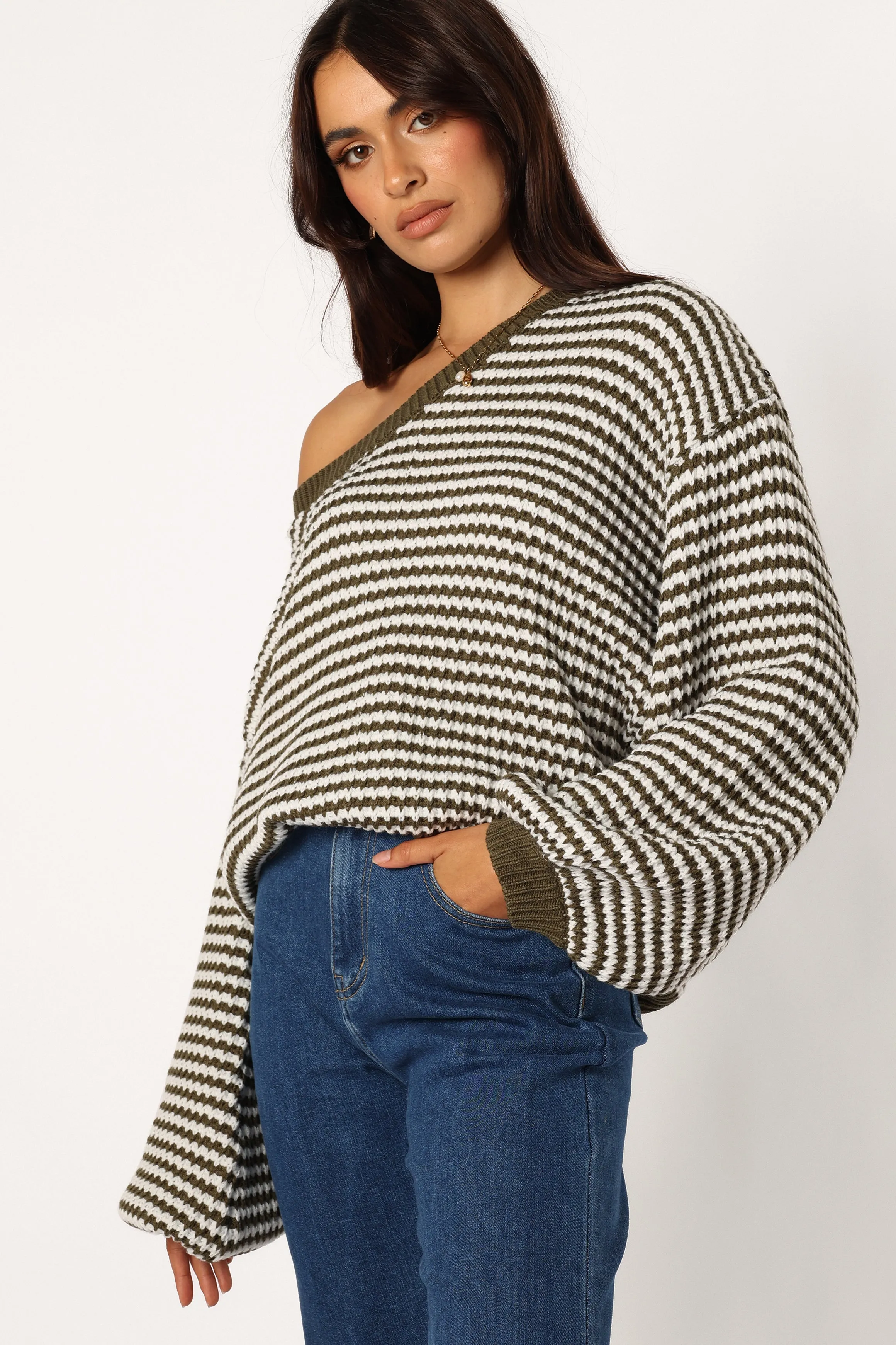 Becca Crewneck Waffle Stitch Stripe Knit Sweater - Olive Fresh Outfit