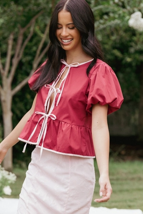 Ellien Top - Red All Purpose Weave Design Tailored Silhouette