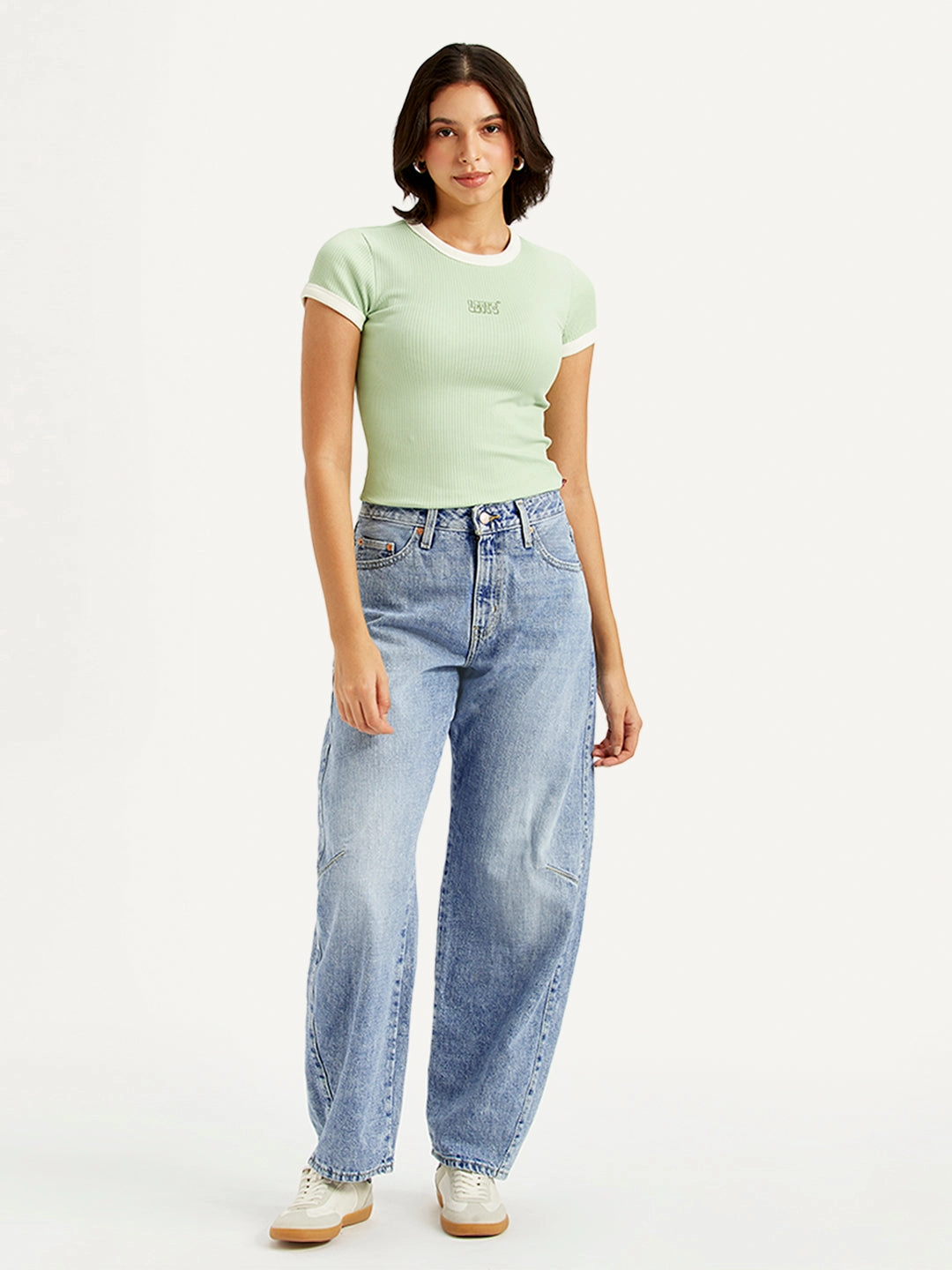 Women's Light Blue Baggy Dad Barrel Fit Mid Rise Jeans Style Focus