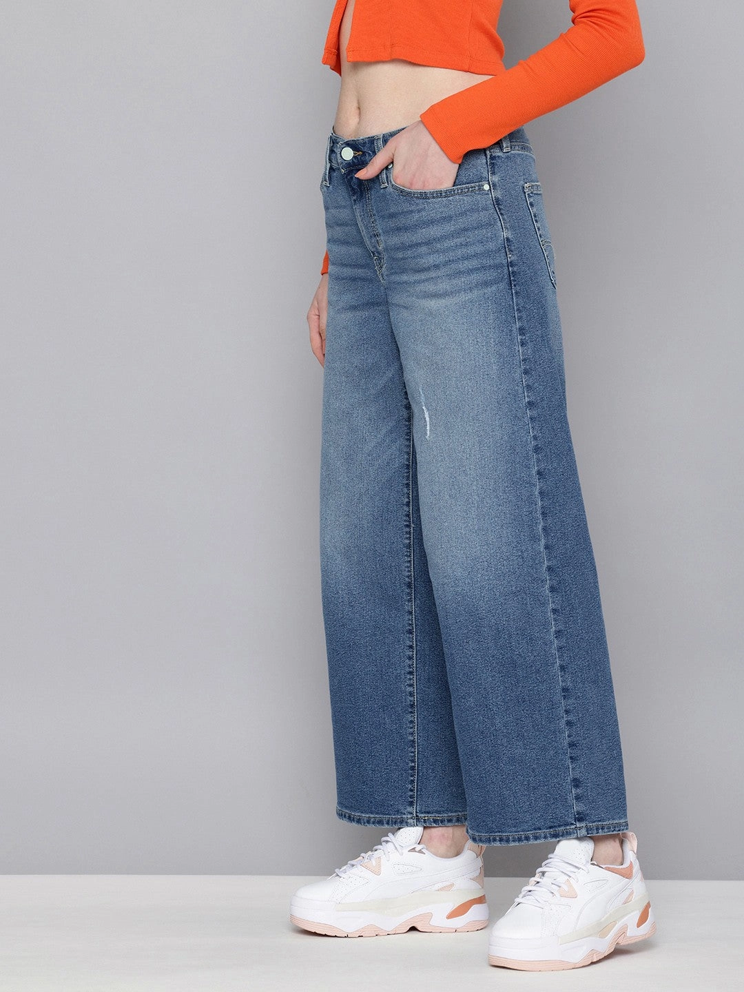 Compact Weave Technology Wear Anytime Women's 94 Blue Baggy Wide Leg Fit Mid Rise Jeans