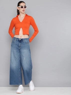 Women's 94 Blue Baggy Wide Leg Fit Mid Rise Jeans Laser Cut Edges No Hassle Fit