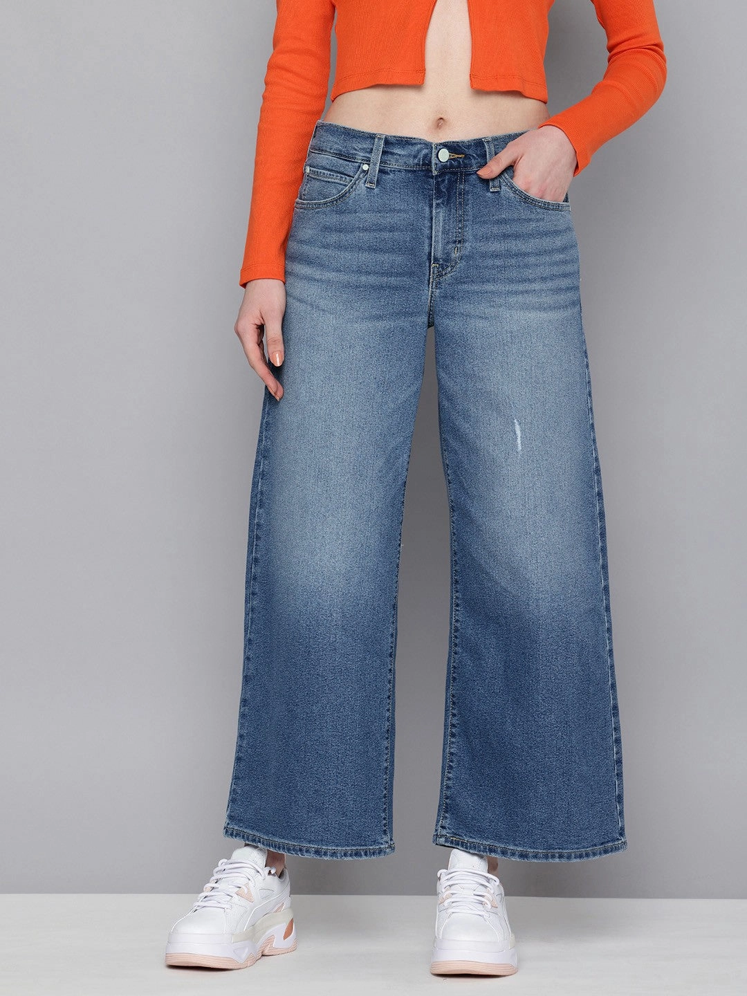 Women's 94 Blue Baggy Wide Leg Fit Mid Rise Jeans Streetwear Fan Night Out
