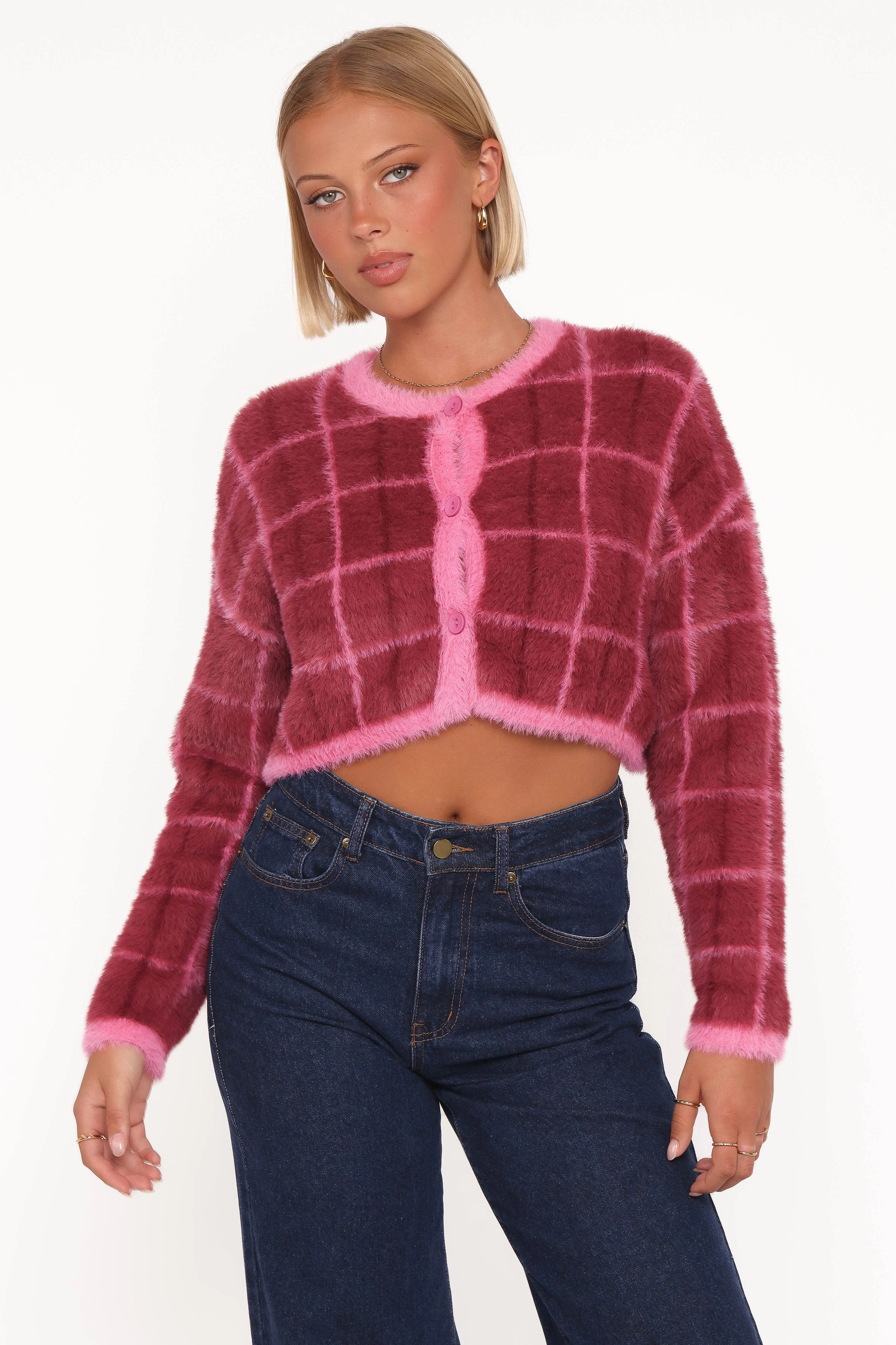 Flexible Layer Viola Plaid Button Front Cardigan - Burgundy
