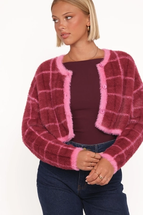 Viola Plaid Button Front Cardigan - Burgundy windy days Classic Pick